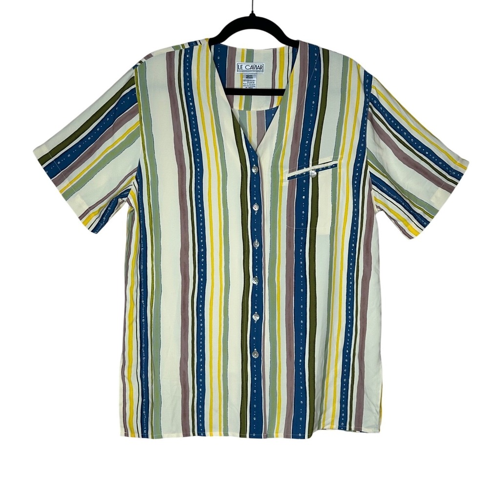 Le Caviar Vintage Striped Short Sleeve Button Up Blouse Top Multi Color Medium